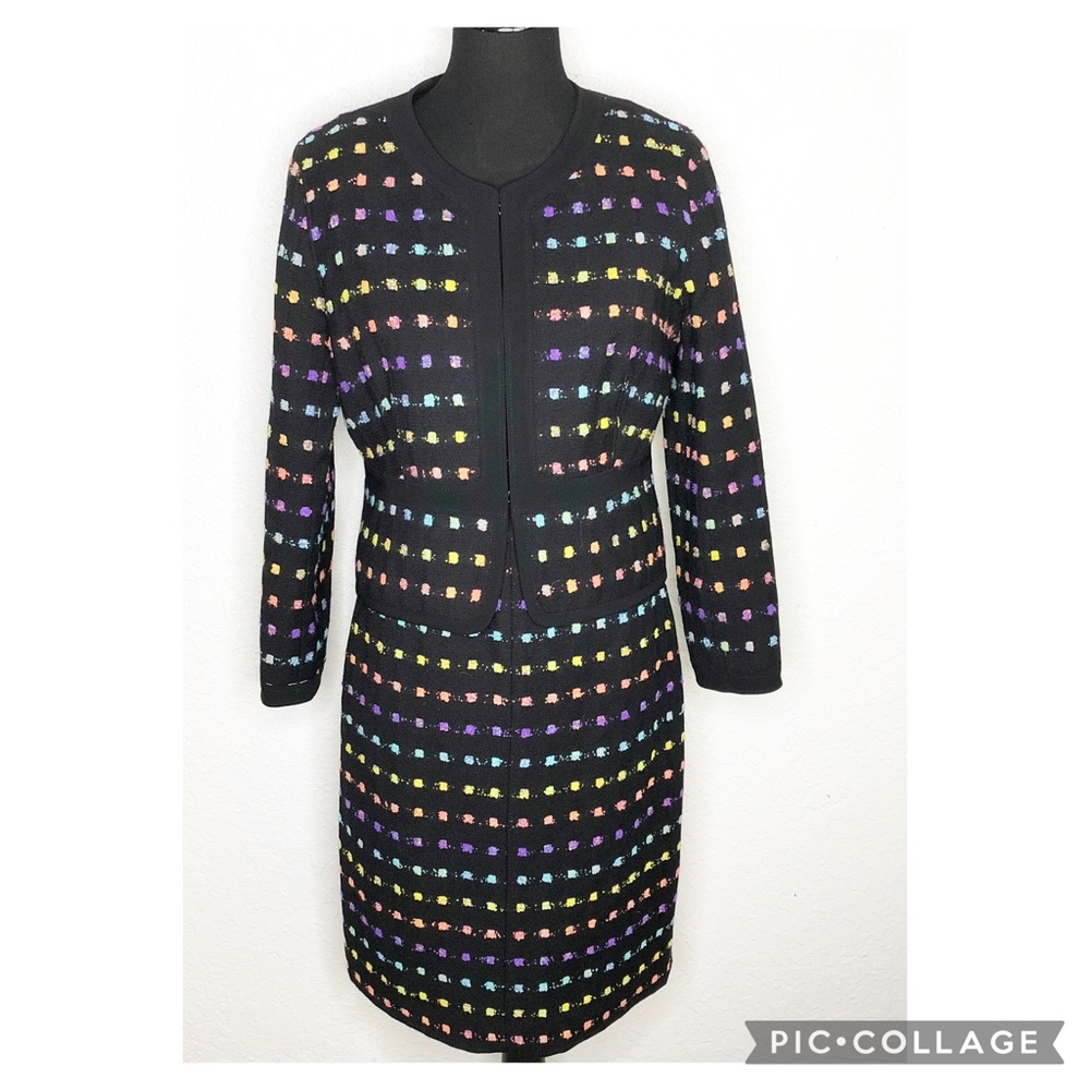 DVF black multicolor wool blend sleeveless sheath dress blazer suit set size 8